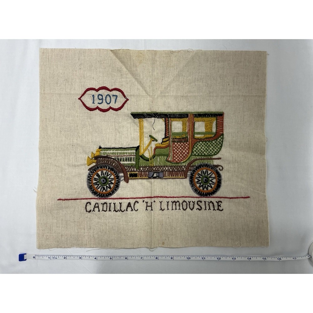 VTG Embroidery 1907 Cadillac H Limousine Automobile Car Unframed 13 x 15in
